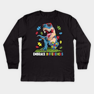 Embrace Differences Autism Awareness Dinosaur Puzzle Kids Long Sleeve T-Shirt